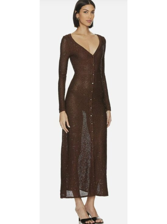 Misa Los Angeles Rafael Brown Sequin Button-Down Maxi Dress Cardigan Medium NWT - Picture 1 of 7